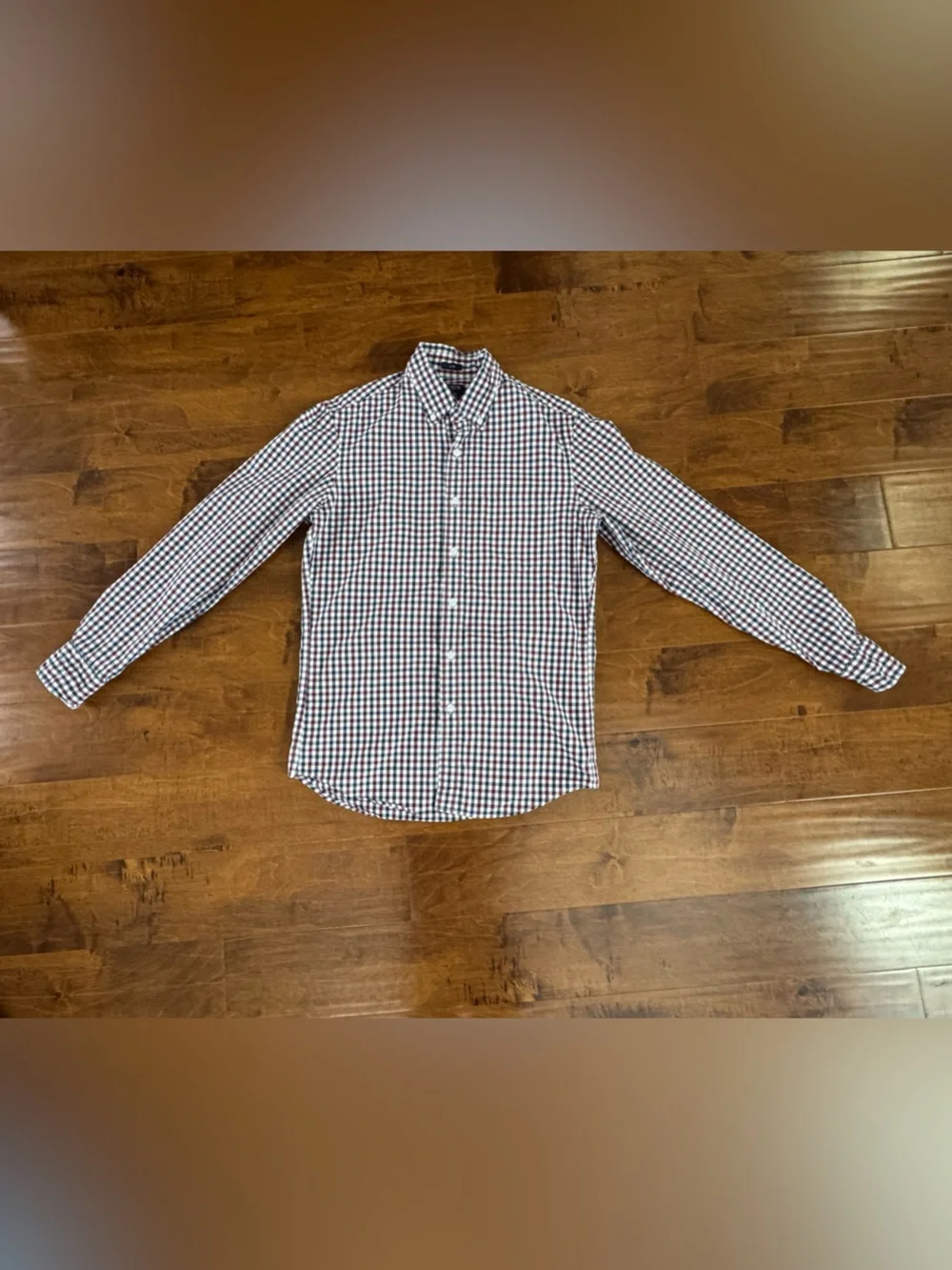 Men’s small J.Crew maroon & navy, Gap navy & white down dress shirts